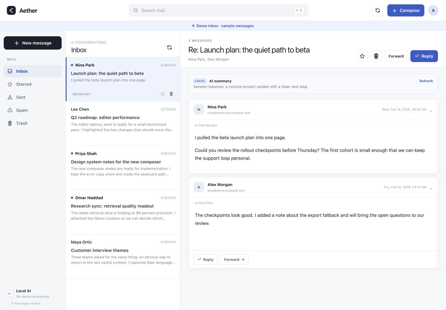 Aether's redesigned inbox with a message list, threaded reader, and local summary. Fictional sample messages shown.